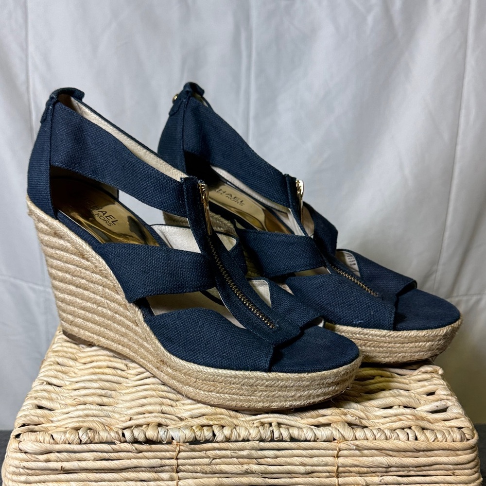 Michael Kors Navy Canvas Espadrille Wedge Sandals‎ Gold Zip Size 9.5